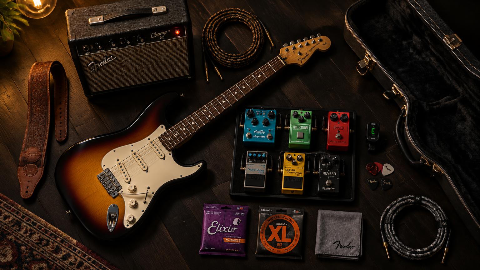 A complete guitar setup with guitar, amp, pedalboard, cables, strap, tuner and picks